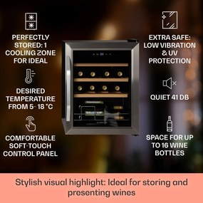 Klarstein Vinamour 16 Uno, шкаф за вино, 16 бутилки /42 литра, 5-18°C, 41 dB, стъкло