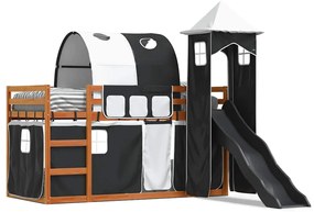 3284167 vidaXL Двуетажно легло с пързалка и завеси, бяло и черно, 90x200 см