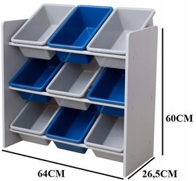 Рафт за детски играчки с 9 пластмасови кутии - синьо-сив
