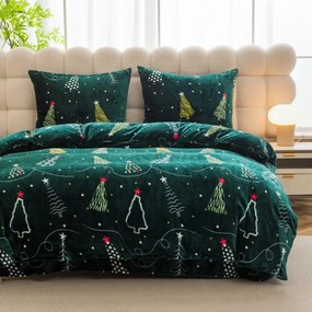 Коледни калъфки от топъл микрофлис - тъмнозелени с мотив на дърво 3 časti: 1ks 200x220 + 2ks 70x80