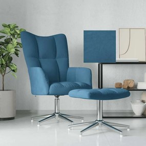 328138 vidaXL Релаксиращ стол с табуретка, син, кадифе