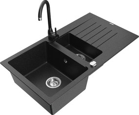 Mexen Matias гранитна мивка с 1,5 камери с отцедник и кухненски смесител Telma, черен/сребърен - 6502-73-670200-70
