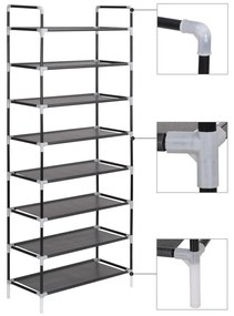 245629 vidaXL Стелаж за обувки с 8 рафта, метал и нетъкан текстил, черен