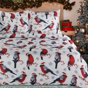 Коледни чаршафи от микрофибър - бяло-червени с птички и зимен десен 3 časti: 1ks 220x200 + 2ks 70x80