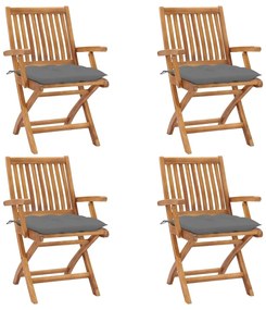 3072739 vidaXL Сгъваеми градински столове с възглавници, 4 бр, тик масив