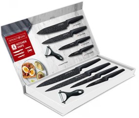 Комплект ножове в магнитна кутия Royalty Line RL-MB4, 5 части, Белачка, Мраморно покритие, Черен