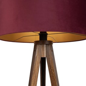 Подова лампа триножник от орехово дърво с червен абажур и златист интериор 50 см - Tripod Classic