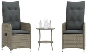 365692 vidaXL Накланящи се градински столове, 2 бр, с маса, сив, полиратан