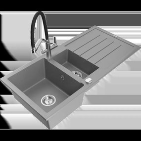 Mexen Andres гранитна мивка 1,5-коморна с отцеждачка и кухненска батерия Duo, сива - 6515-71-671701-07