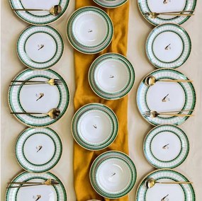 Сервиз за хранене, 24 части — бял/зелен/златист, от керамика