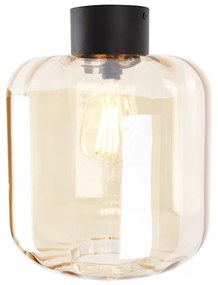 Дизайнерски таванна лампа черна с кехлибарено стъкло - Qara