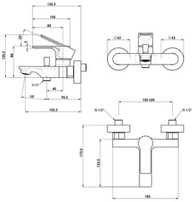 Стенна батерия за вана в лъскаво-сребрист цвят (2 изхода) Pax – Sapho
