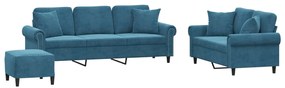 3202289 vidaXL Комплект дивани 3 части с възглавници, син, кадифе