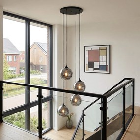 Арт Деко висяща лампа черна с димно стъкло 4 светлини - Wallace