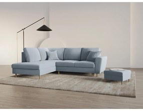 Светлосин кадифен разтегателен ъглов диван с място за съхранение (ляв ъгъл/L форма) Kyoto – Cosmopolitan Design