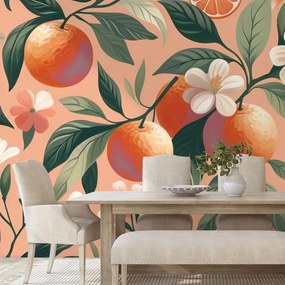 Тапет – Портокали и цветя на кайсиев фон