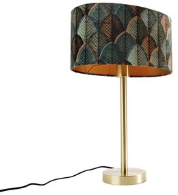 Настолна лампа месинг с овален кадифен абажур с дизайн на листа 35 см - Simplo