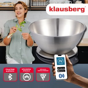 Кухненска везна с купа Klausberg KB 7939, 5 Kg, Bluetooth, Мобилно приложение, LED, ТАРА, Течности, 4 хранителни стойности, Инокс
