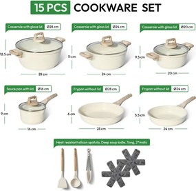 Разопакован: Комплект тенджери и тигани Just Perfecto JL-28, 15 ч, Отливка, Мраморно покритие, Индукция, Аксесоари, Бежов