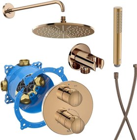 Комплект за вграждане за баня, RocaBox + термостатен смесител T-1000, душ глава със стенно рамо, ръчен душ с шлаух, стенно коляно с държач, Rose Gold