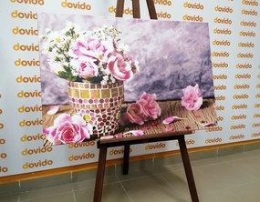 Картина на платно – Цветя на карамфил в мозайка саксия