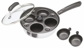 Тиган за яйца бенедикт KitchenCraft KCPOACH4, 21 см, 5 л, Капак, 4 сваляеми форми, Функция дълбок тиган, Индукция, Инокс/сребрист