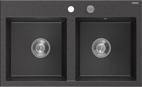 Mexen Hektor гранитна мивка с 2 камери 800 x 480 mm, черна на пръски, хромиран сифон - 6521802000-76