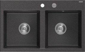 Mexen Hektor гранитна мивка с 2 камери 800 x 480 mm, черна на пръски, хромиран сифон - 6521802000-76