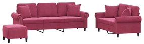 3202284 vidaXL Комплект дивани 3 части с възглавници, виненочервен, кадифе