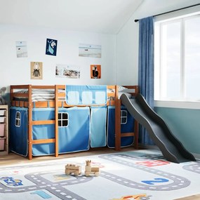 3309081 vidaXL Детско високо легло със завеси, синьо, 90x200 см, бор масив