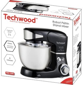 Планетарен миксер Techwood TRO-1056, 1000W, 5 литра, 6 скорости, 3 приставки, Черен/Инокс