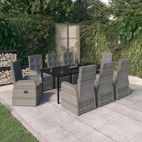 3099478 vidaXL Градински трапезен комплект от 9 части с възглавници сив