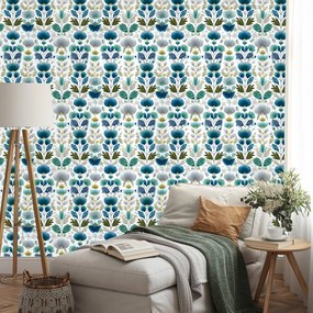 Тапет – Сини цветя на бял фон