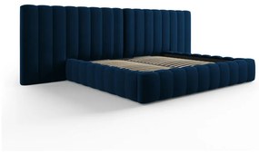 Тъмносиньо тапицирано двойно легло с място за съхранение и решетка 200x200 cm Gina - Milo Casa