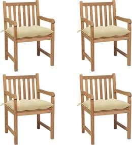 3073021 vidaXL Градински столове, 4 бр, кремавобели възглавници, тик масив