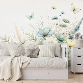 Самозалепващ тапет – Пастелни полски цветя и летящи пеперуди