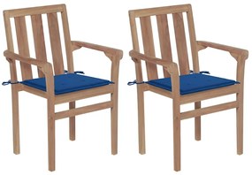 3062218 vidaXL Градински столове, 2 бр, кралскосини възглавници, тик масив