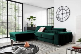 Зелен кадифен разтегателен ъглов диван с място за съхранение (ляв ъгъл) Grayson – ELTAP