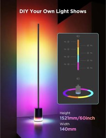 Подова Smart LED лампа Govee Floor Lamp 2 RGBICWW H607C, 152 см, 30W, 1725 lm, 6500K, Wi-Fi, Bluetooth, Govee Home, Черен