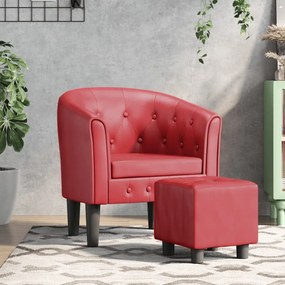 356467 vidaXL Фотьойл с табуретка за крака, виненочервен, изкуствена кожа