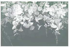 Тапет – Сиво-зелени листа с колибри