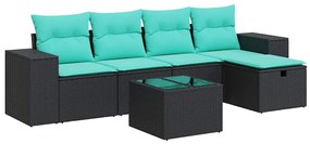 3325673 vidaXL Градински диван с възглавници, 6 части, черен, полиратан