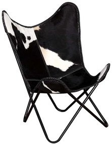 243729 vidaXL Стол тип пеперуда, черно и бялo, естествена телешка кожа