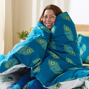 Бяло-тюркоазено единично памучно спално бельо 135x200 cm Peacock Feather – Their Nibs