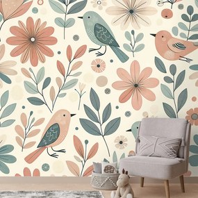 Фототапет – Пастелни птички и цветя