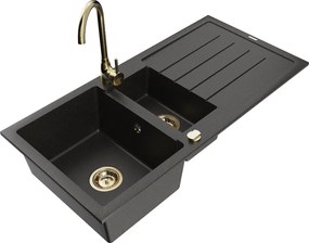 Mexen Andres гранитна мивка с 1,5 камери с отцедник и кухненски смесител Telma, черен/златен - 6515-75-670200-50