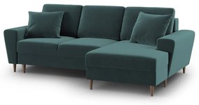 Кадифен разтегателен ъглов диван с място за съхранение в петролен цвят (десен ъгъл) Kyoto – Cosmopolitan Design