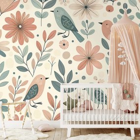 Фототапет – Пастелни птички и цветя