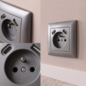 Единичен контакт със заземяване + USB-A USB-C OSTE JNH004-G Grey