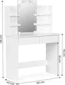 Козметична тоалетка с огледало и LED осветление, ModernHome, 3 нюанса светлина, 90x40x135см